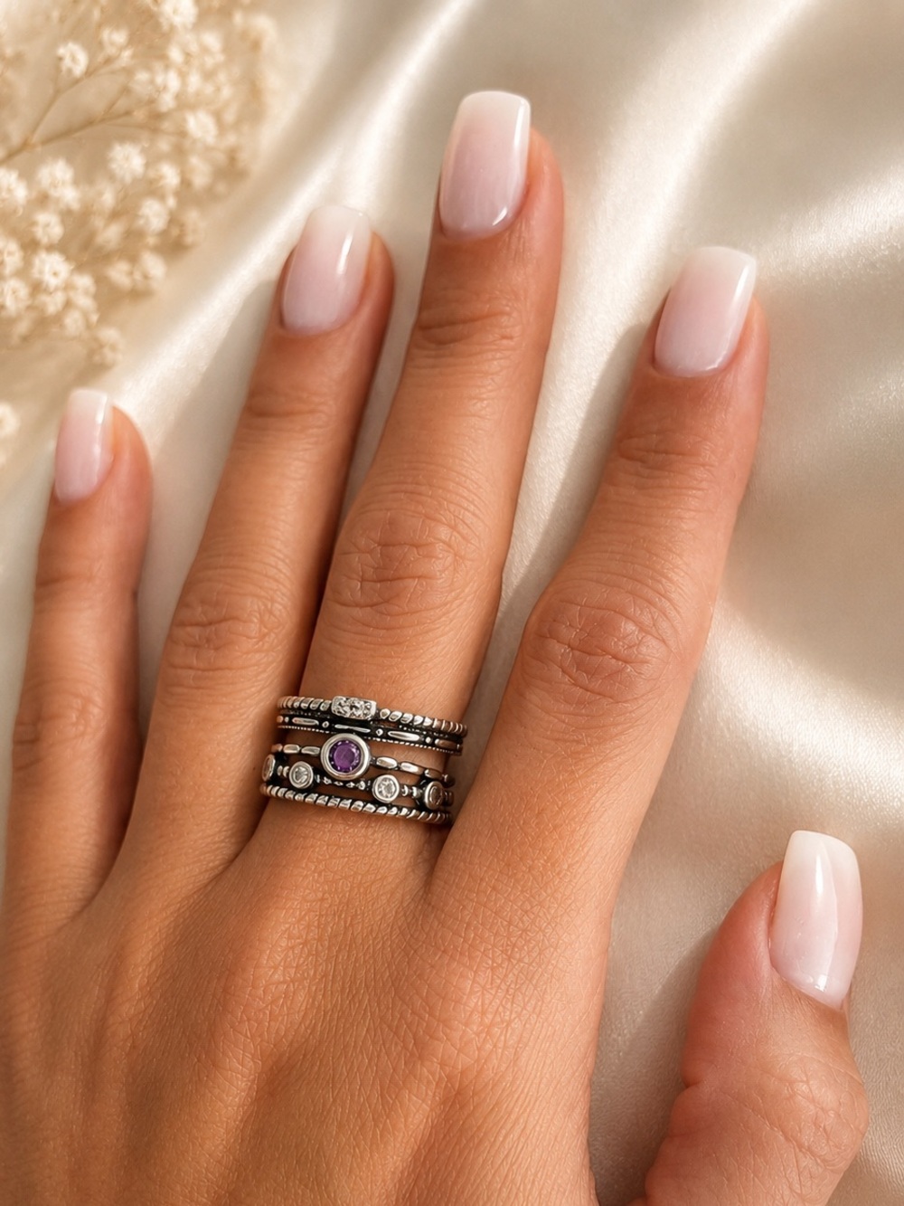 Sterling 925 Silver Stacking Ring Set with Amethyst Accent